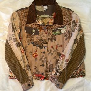 Short jacket, cute multi colored print denim like material.